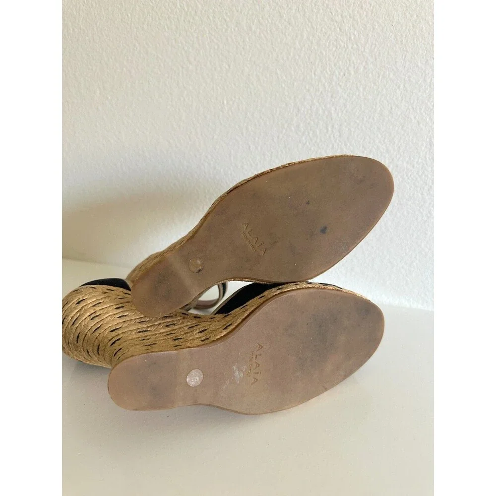 ALAIA Wedge Espadrille Sandals Canvas Almond Toe Ankle Strap Black Women's EU 38